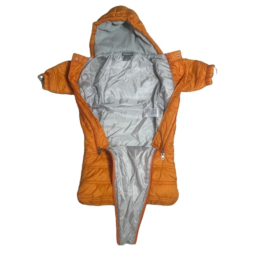 Eddie Bauer Snowsuit Unisex 3-6 Months Orange Quilted Hood Fleece Lined Bunting
